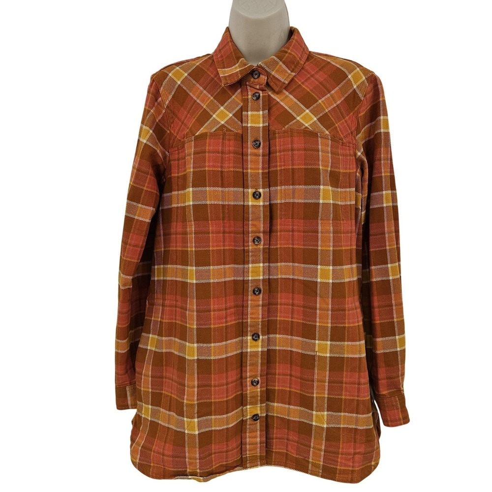 Duluth Trading Folklore Flannel Shacket Women S Orange Plaid Festive Shirt Jacke